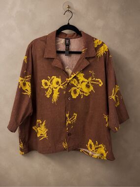 Savage X Fenty Large Hawaiian Camp Collar Button-Up Shirt Brown Yellow Floral Re